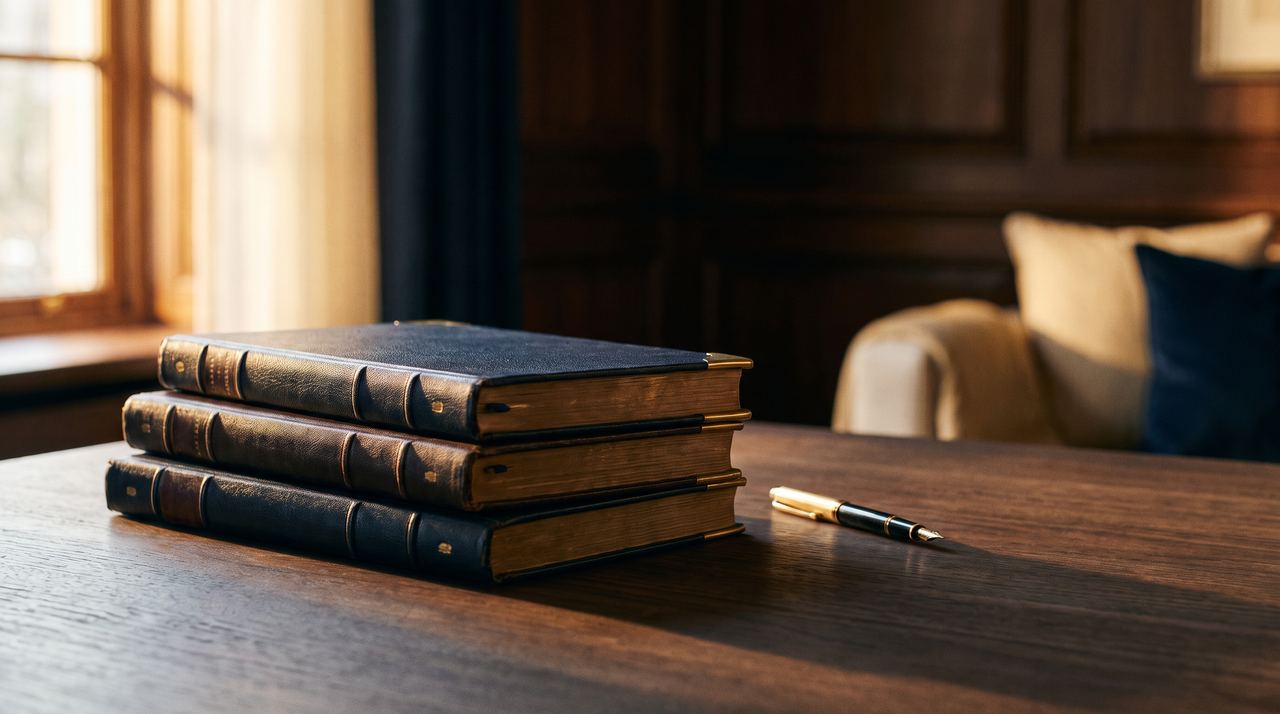 Three leather-bound ledgers and a fountain pen on a walnut desk