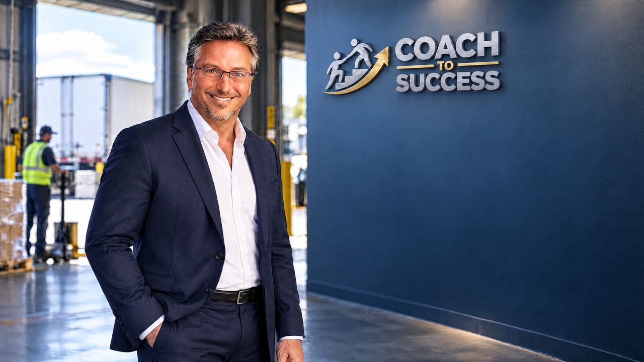Steve Lindstrom, President of Coach to Success, in a distribution warehouse beside the Coach to Success sign
